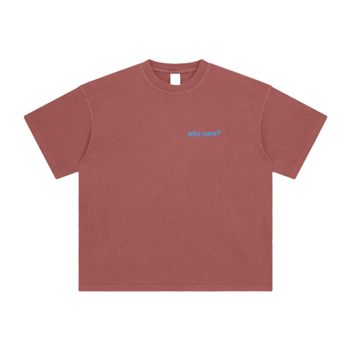 Why Care? graphic tee in Brick Red, front view