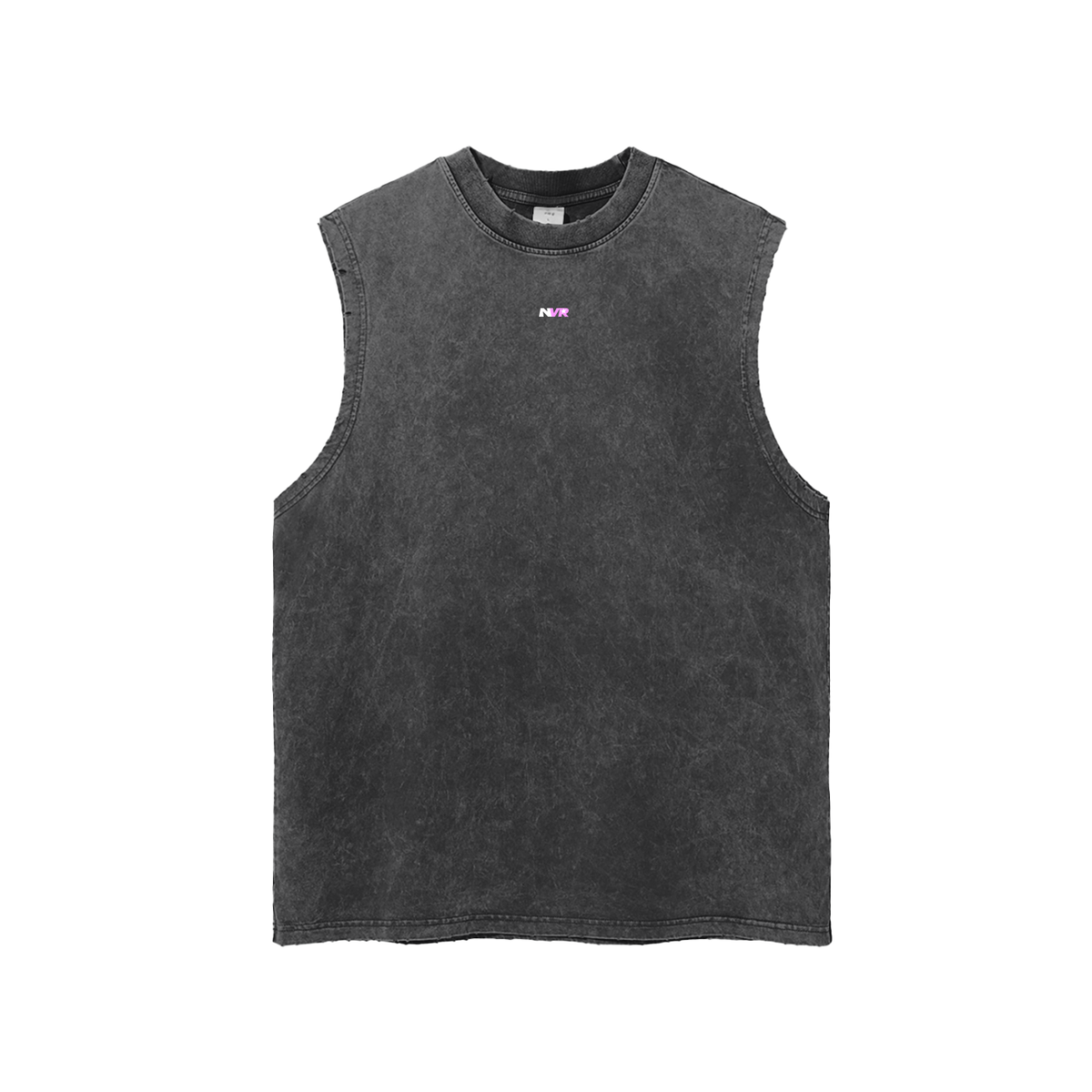 NVR Star Frayed Tank in black with pink NVR star, front