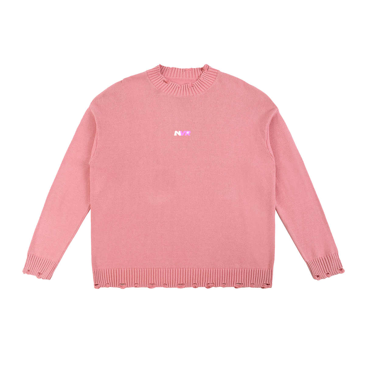 Hand-Frayed Oversized Sweater in pink with NVR mark, front, frayed hem