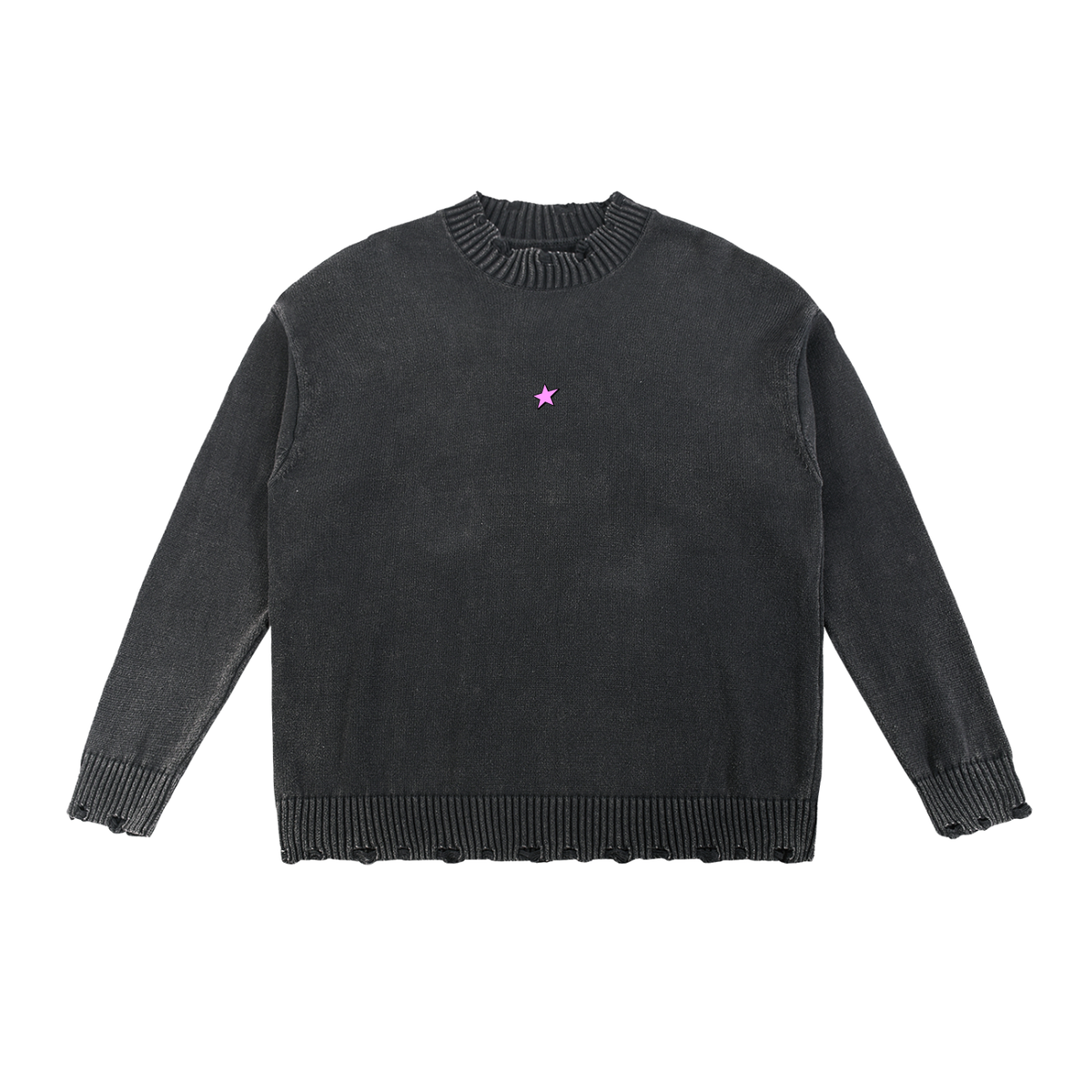 Hand-Frayed Oversized Sweater in black with Star mark, front, frayed hem