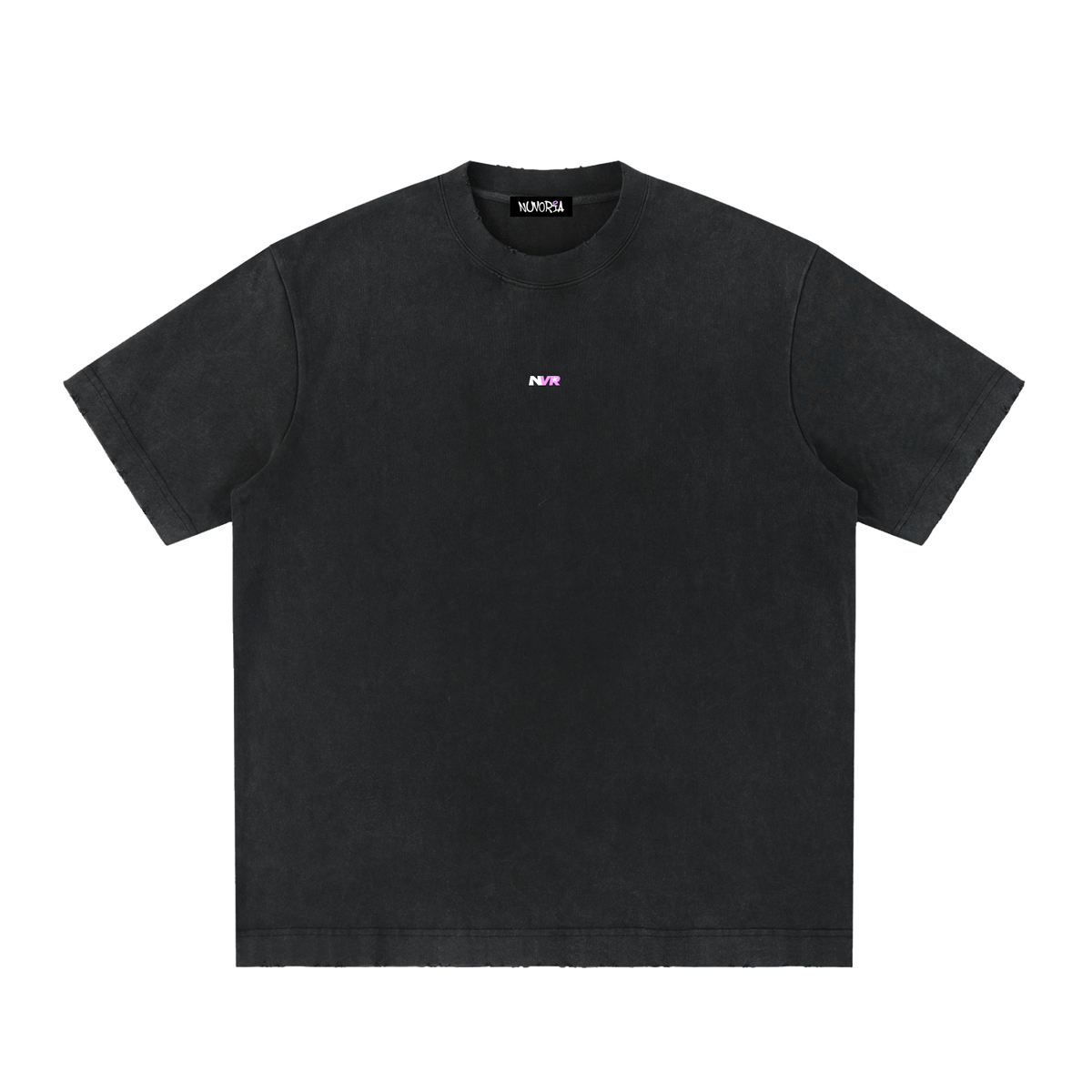 NVR Star Frayed Tee in black with pink NVR star, front