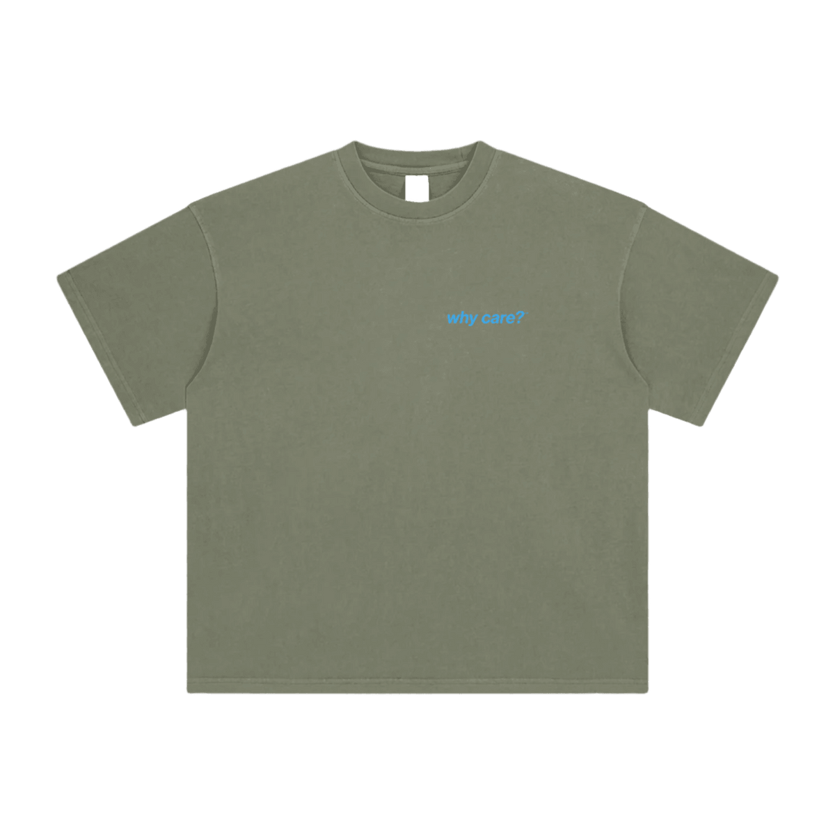 Why Care? graphic tee in Gray Green, front view