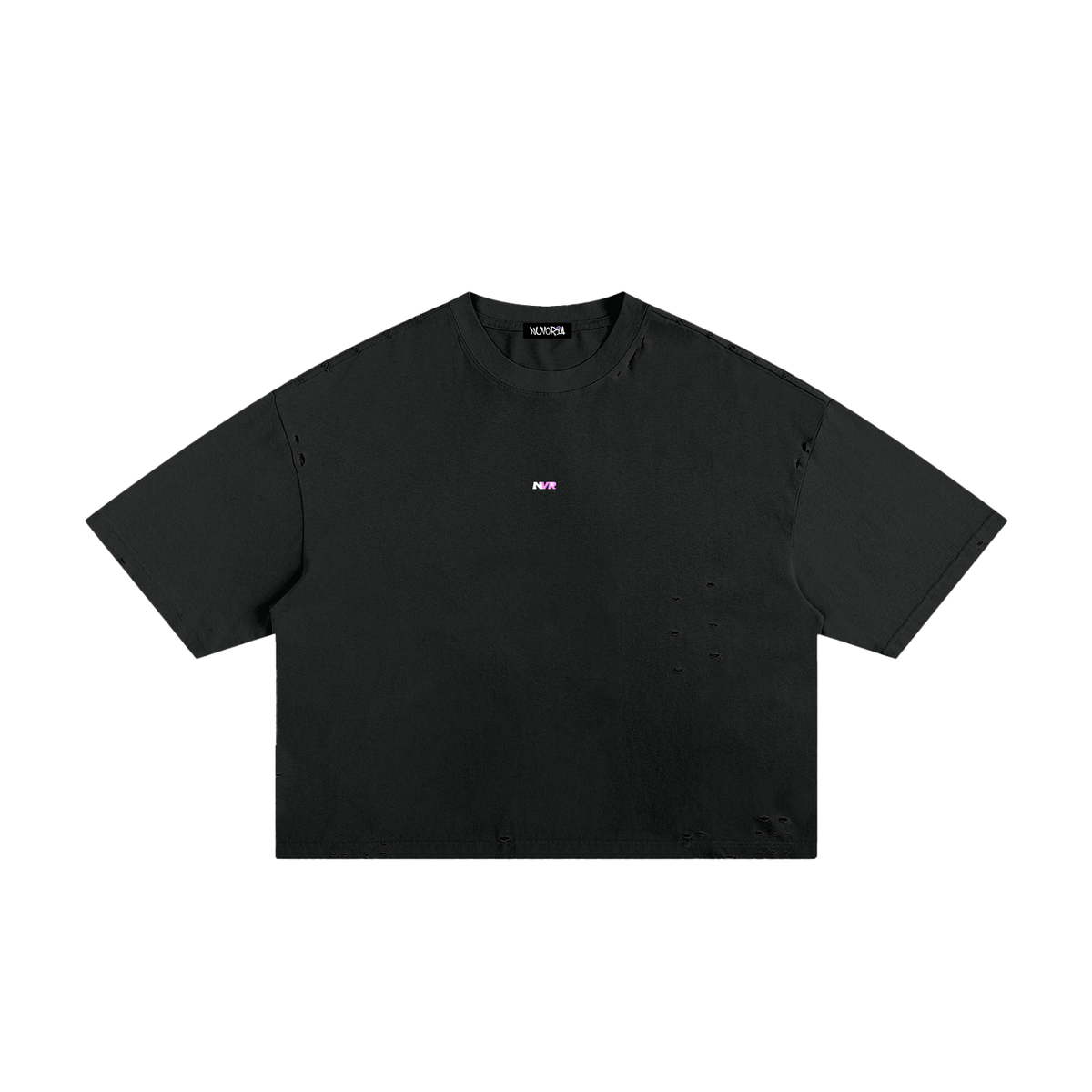 NVR Star Boxy Tee in black with pink NVR star, front