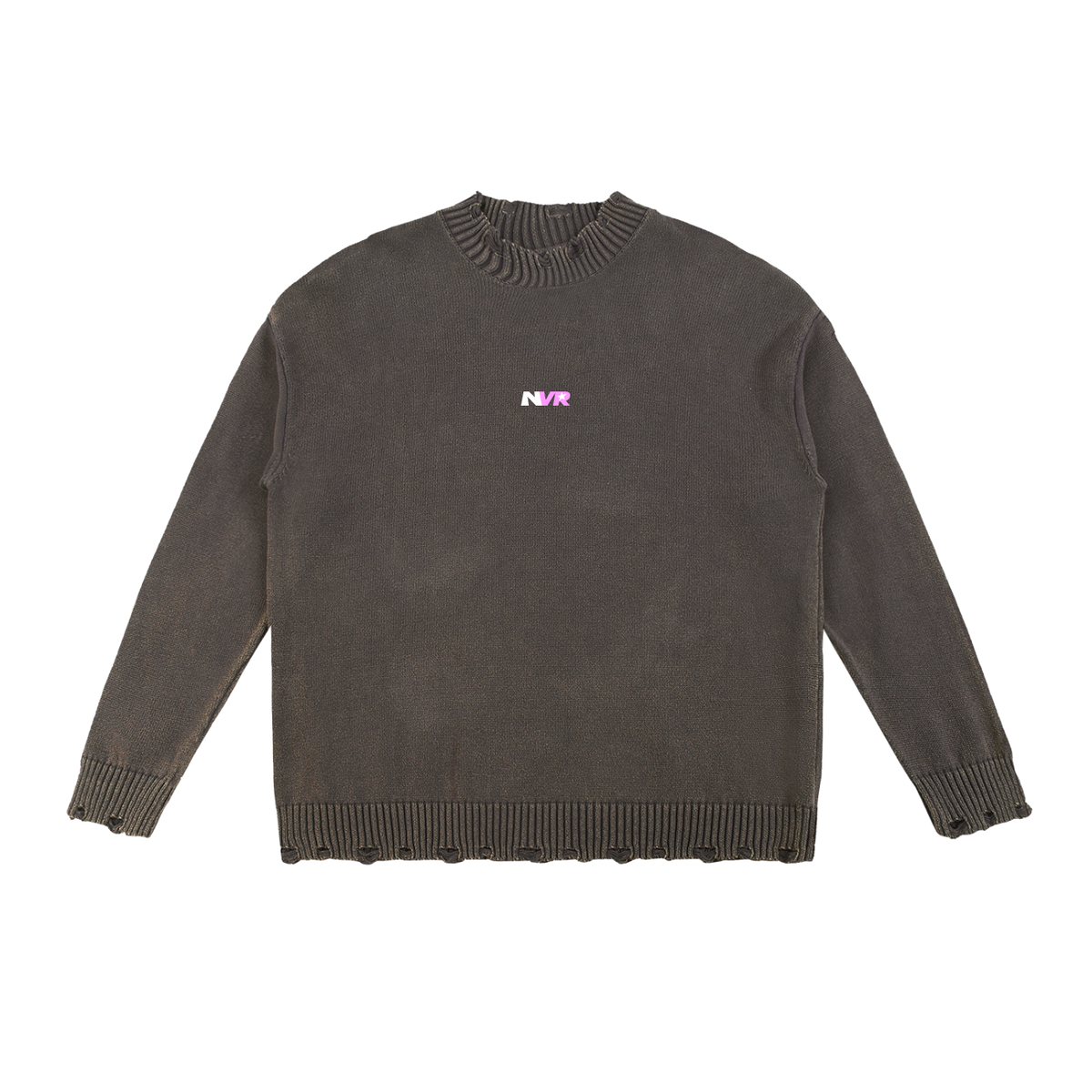 Hand-Frayed Oversized Sweater in gray with NVR mark, front, frayed hem