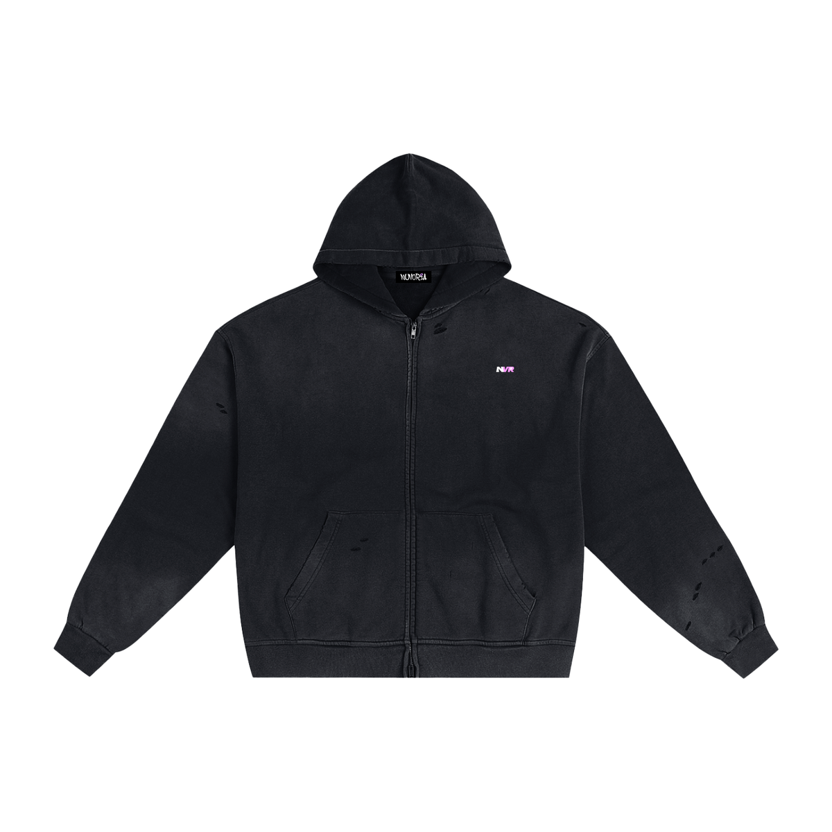 NVR Star Zip Hoodie in black with pink NVR star, front