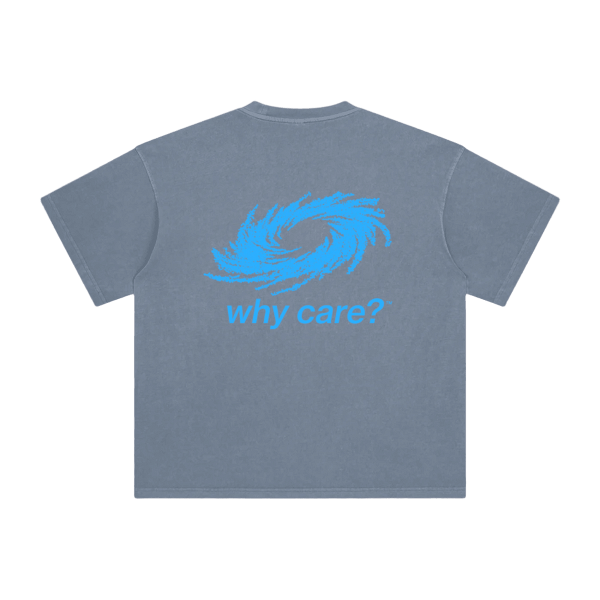 Why Care? graphic tee in Gray Blue, back view with print
