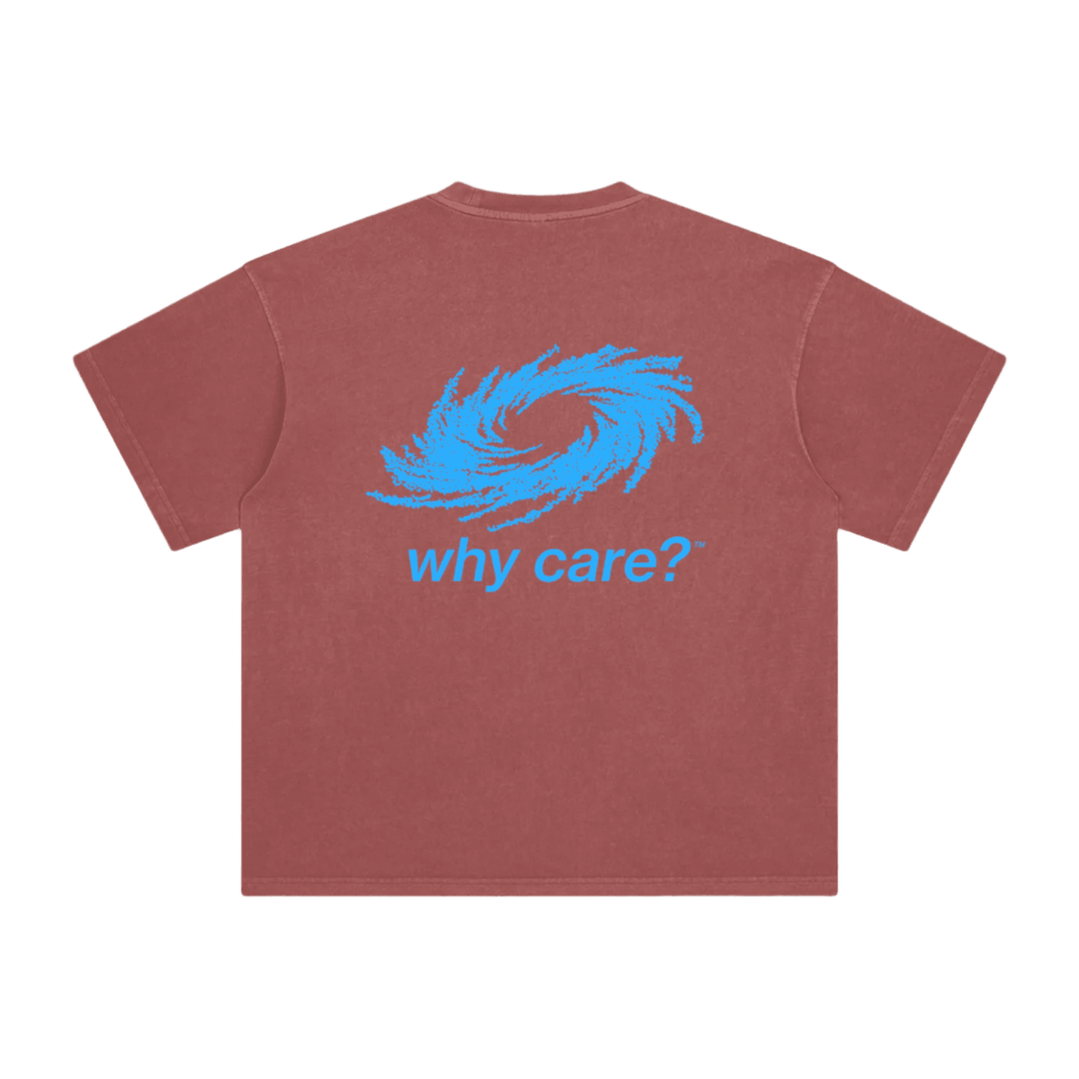 Why Care? graphic tee in Brick Red, back view with print