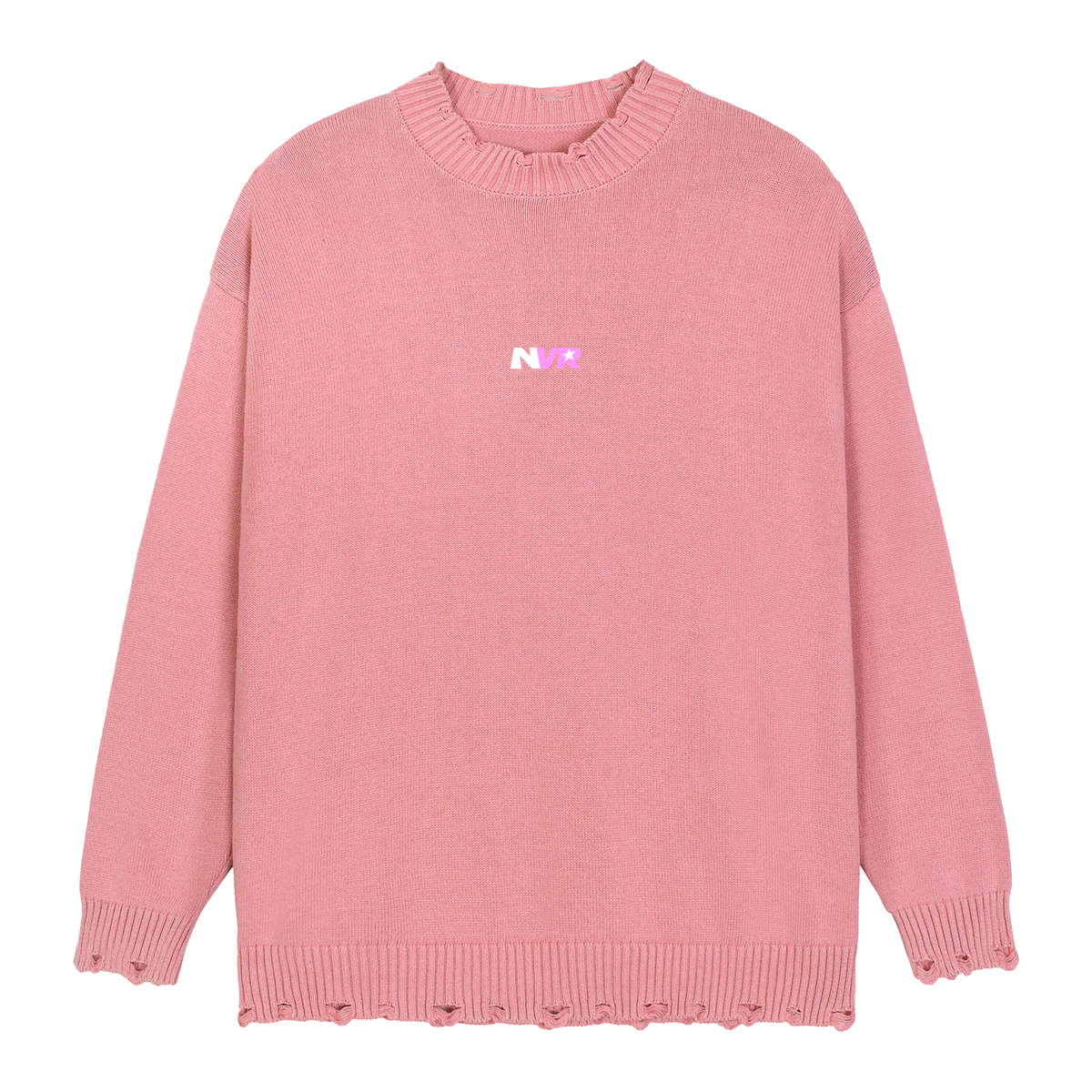Hand-Frayed Oversized Sweater in pink with NVR mark, front