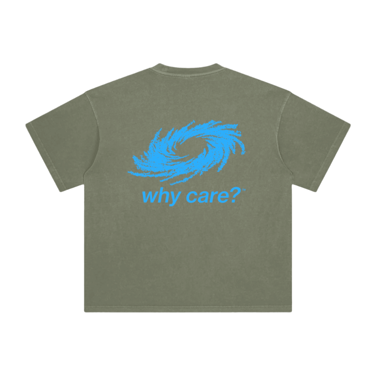 Why Care? graphic tee in Gray Green, back view with print