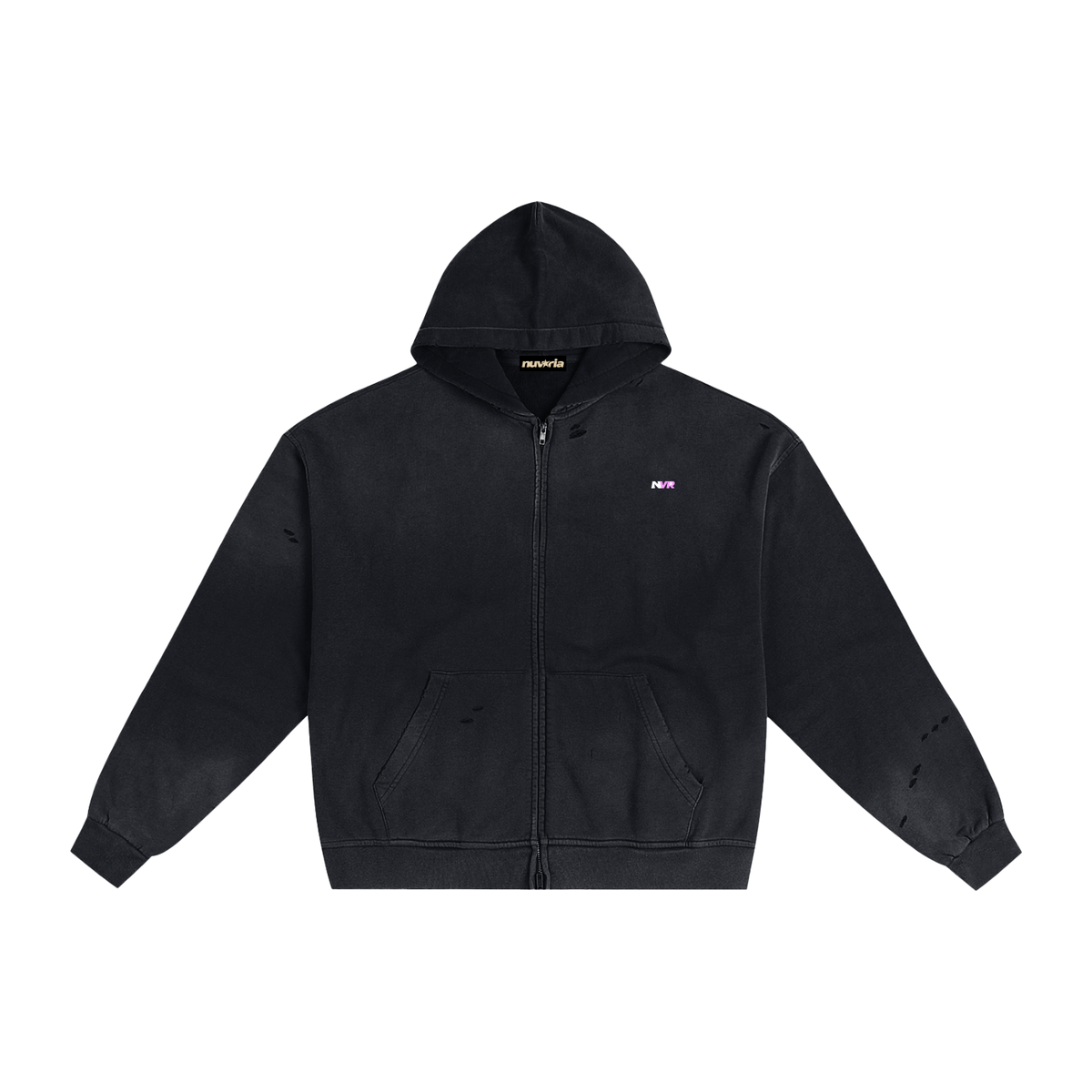 NVR Star Zip Hoodie in black with pink NVR star, front