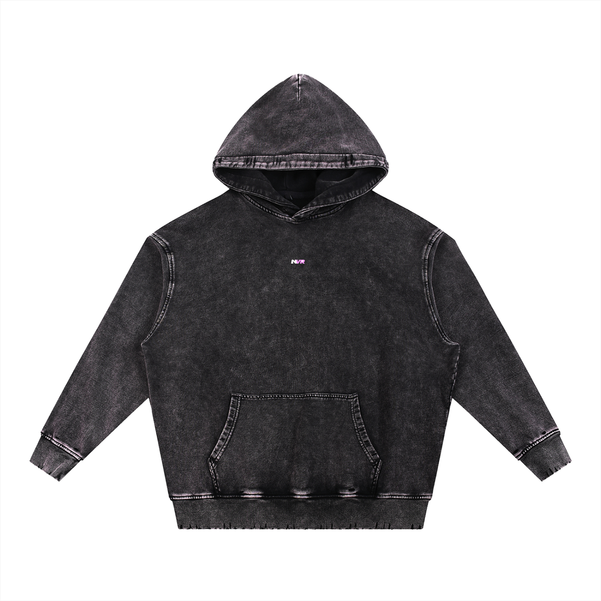 NVR Star Frayed Hoodie in black with pink NVR star, front