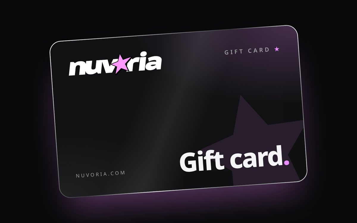 Nuvoria gift card: black card with the nuvoria wordmark and pink star