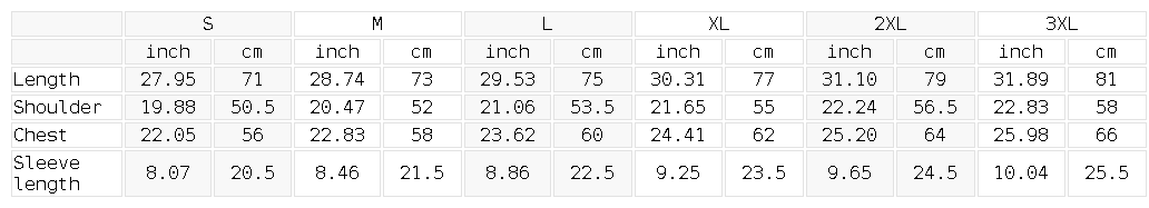 NVR Star Frayed Tee size chart in inches and cm