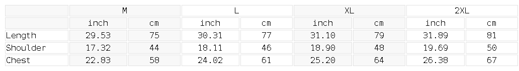 NVR Star Frayed Tank size chart in inches and cm