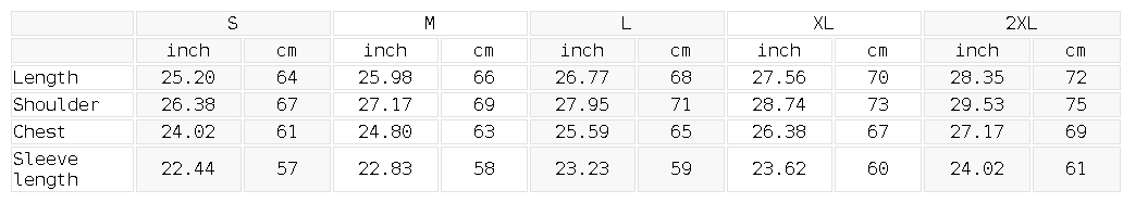 NVR Star Zip Hoodie size chart in inches and cm