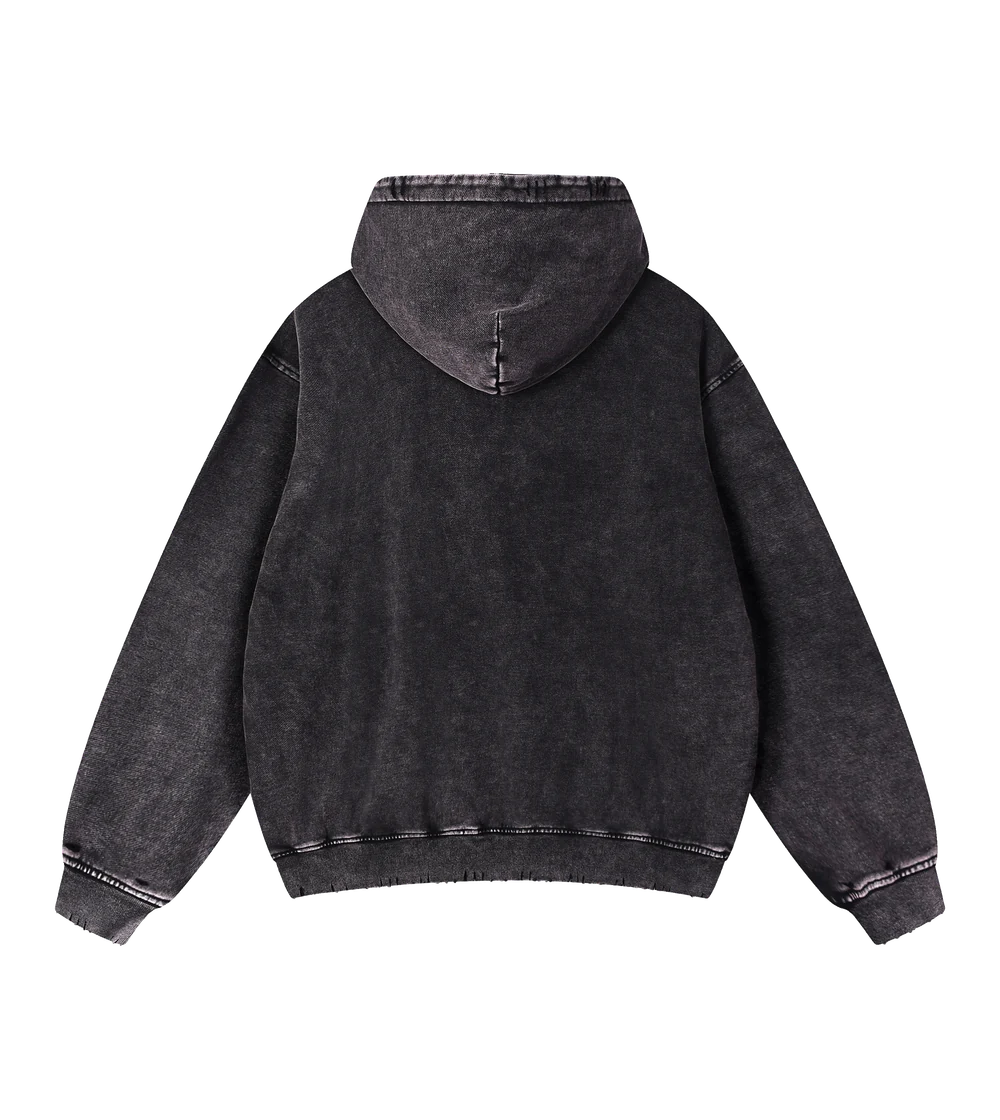 NVR Star Frayed Hoodie in black, back