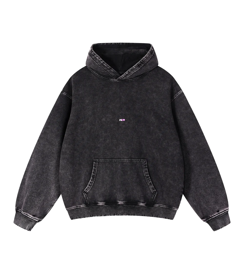 NVR Star Frayed Hoodie in black, front
